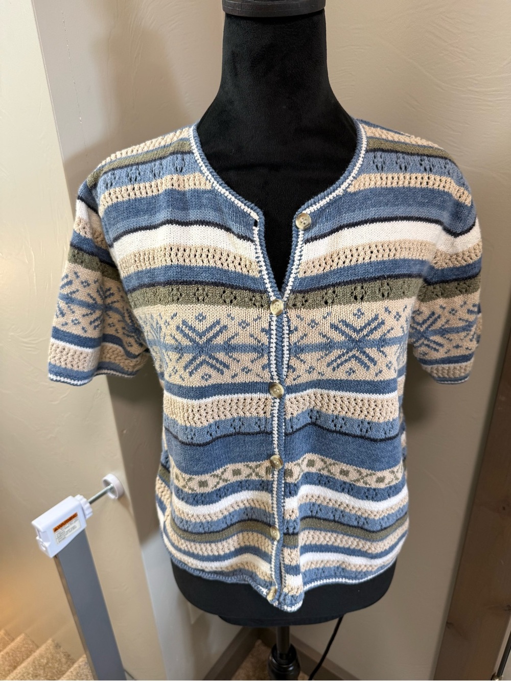 Christopher & Banks Blue Cream Crochet Stripe Sweater Short Sleeve Button Down M